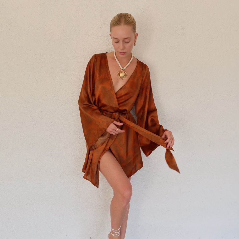 12th Tribe Rust Brown Satin Mini Wrap Dress